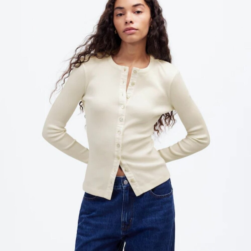 NWT Madewell Vintage Ivory Garment-Dyed Ribbed Cardigan Tee - Size: Extra Small